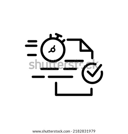 Fast review document with assess, quick audit verification, time period exam, thin line web sign on white background - editable stroke vector illustration eps10