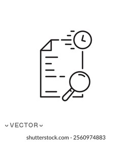 fast review document icon, quick audit verification, time period exam, thin line symbol concept isolated on white background, editable stroke eps 10 vector illustration