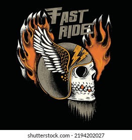 fast ride.Skull with A Motorcycle Rider Helmet, Tattoo Style Illustration with, Till the bitter end, Artwork Slogan on White Background for Apparel or Other Uses
