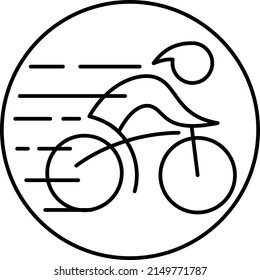 Fast riding cyclist isolated on transparent background. Vector round black and white icon with thin lines. Line thickness editable