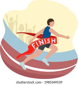 A fast runner crosses the finish line. Winner of a running competition. Athletics. Motivational banner, web page. Vector illustration.