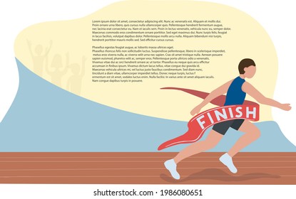 A fast runner crosses the finish line. Winner of a running competition. Athletics. Motivational banner, web page. Vector illustration.
