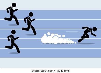 Fast runner sprinter overtaking everybody in a race track field event. Vector artwork depict winner, fastest, champion, and dominance.