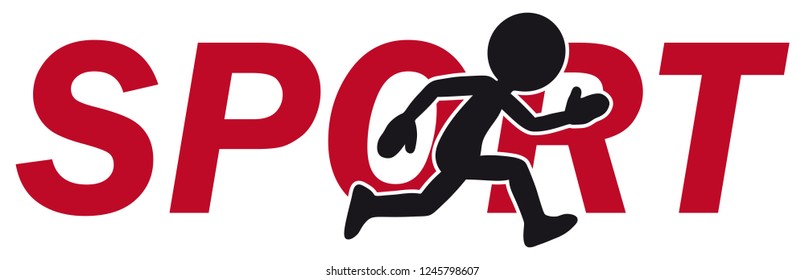 Fast Running Black Cartoon Charakter with Red "Sport" Lettering Behind Him. Word is Made with Classic Italic Font Style Without Frills. Useful Vector Illustration for Print, Poster and Placards.