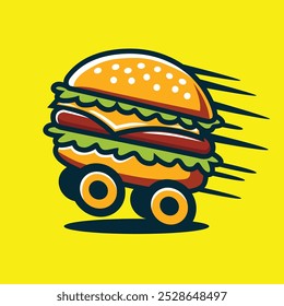 Fast Running Burger Logo Design mit Rädern für Fast Food to Fast Services Illustration