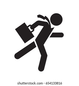 Fast running businessman with a suitcase in hand and tie. Icon on white background.