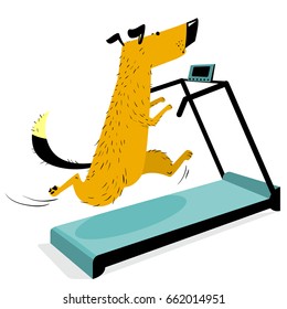 Fast running dog on treadmill. Cute racing pet. Cartoon training dog in the gym. Vector illustration with sporty animal
