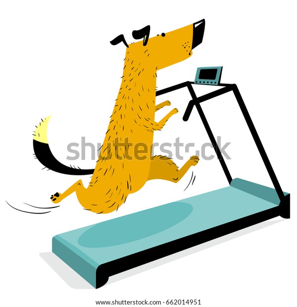トレッドミルで速く走る犬 かわいいレーシングペット 体育館の漫画の訓練犬 スポーティーな動物のベクターイラスト のベクター画像素材 ロイヤリティフリー