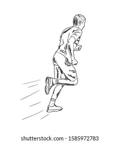 Fast running guy in shorts. Vector illustration, sketch.