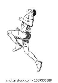 Fast running guy in shorts. Vector illustration, sketch.