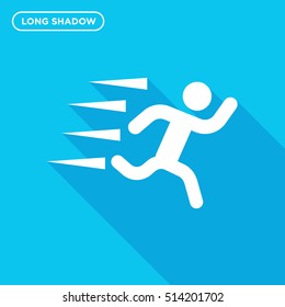 Fast running person vector icon on light blue background with long shadow, speed accelerated activity