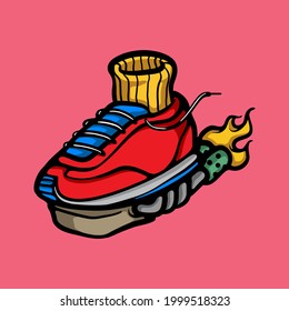 Fast running shoe with turbo machine concept. Sport, health and jogging activities. Footwear object vector illustration isolated on pink background