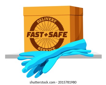 Señal de entrega rápida y segura o imagen de concepto con caja de cartón, etiquetas y guantes de goma o látex para servicios de venta y transporte a distancia