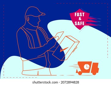 fast and safe delivery themed concept. online sales and delivery courier confirming the order with a technological tablet. fast and safe logo design. online safe shopping delivery background