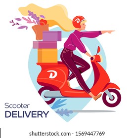 Fast scooter delivery. Young woman on a scooter delivers to order. Flat vector illustration