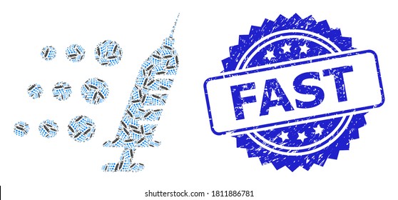 Fast scratched seal imitation and vector fractal mosaic fast vaccine. Blue stamp seal has Fast text inside rosette. Vector mosaic is done with scattered rotated fast vaccine pictograms.