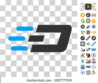 Fast Send Dash pictograph with bonus bitcoin mining and blockchain pictographs. Vector illustration style is flat iconic symbols. Designed for cryptocurrency websites.