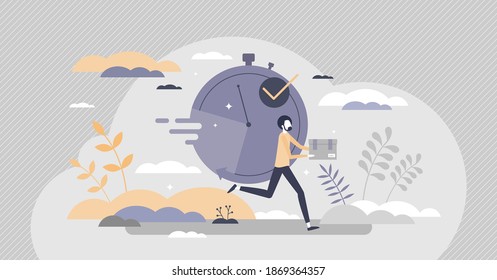 Fast service and express delivery with urgent shipment tiny persons concept. Package transportation with quick speed in short time vector illustration. Parcel distribution and web order receive ASAP.