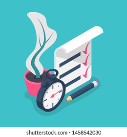 Fast service isometric icon. Stopwatch with checklist and completed tasks. Vector illustration flat 3d design. Isolated on background.