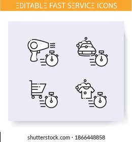 Fast service line icons set. Quick beauty service, shopping, laundry and car maintenance. Express solutions, short term, time management concept. Isolated vector illustrations. Editable stroke