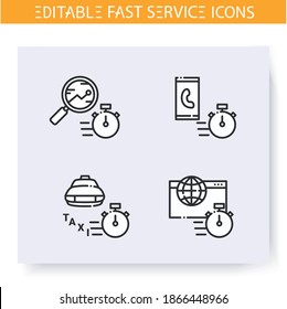 Fast service line icons set. Quick internet, call, research, transport. Express solutions, short term, time management concept. Isolated vector illustrations. Editable stroke