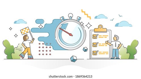 Fast service and package express delivery time limit check outline concept. Satisfied customer with urgent ASAP order distribution vector illustration. Stopwatch clock as quick cargo shipping symbol.