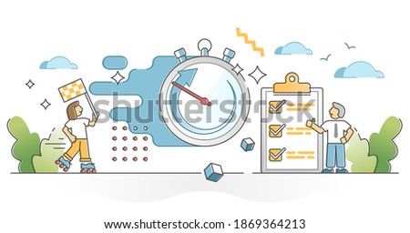 Fast service and package express delivery time limit check outline concept. Satisfied customer with urgent ASAP order distribution vector illustration. Stopwatch clock as quick cargo shipping symbol.