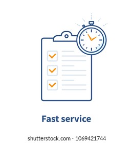 Fast Service, Simple Solution, Project Management, Improvement Checklist, Survey Clipboard, Enrollment Concept, Terms And Conditions, Time Period, Vector Thin Line Icon Illustration