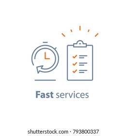 Fast service, simple solution, project management, improvement checklist, survey clipboard, enrollment concept, opinion poll, terms and conditions, time period, vector thin line icon