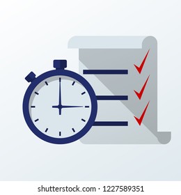 Fast service. Stopwatch with checklist and completed tasks. Vector illustration flat design. Isolated on white background.