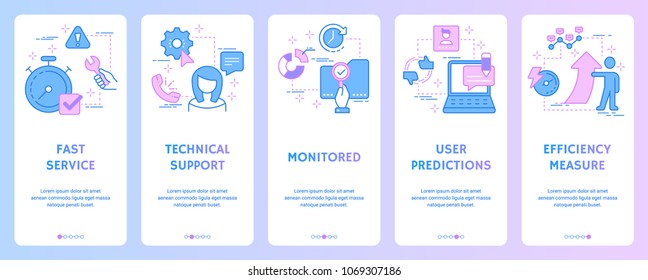 Fast service, Technical support, Monitored, User predictions, Efficiency measure Vertical Cards with strong metaphors. Template for website design.