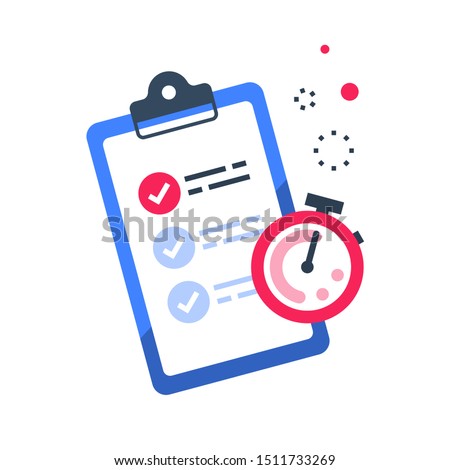 Fast services, check list and stopwatch, to do plan, procrastination and efficiency, project management, quick questionnaire, short survey, vector flat illustration