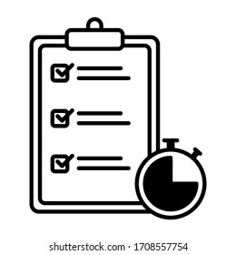 Fast services icon, check list and stopwatch, to do plan, procrastination and efficiency, project management, quick questionnaire, short survey, vector flat illustration.