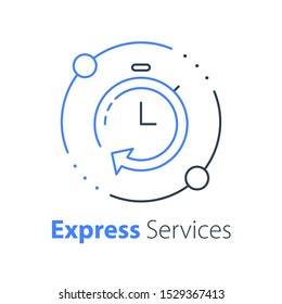 Fast services, stopwatch thin line icon, timely order delivery, waiting period, deadline concept, vector linear design