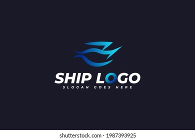 Fast Ship Logo with Waves in Blue Gradient. Yacht Logo. Ship Icon