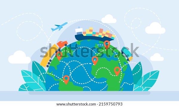 Fast shipping. Business logistics. A logistic\
transport import export cargo world globe design with truck, air\
plane and ship. Delivery or postal service technologies, freights\
transportation. Vector