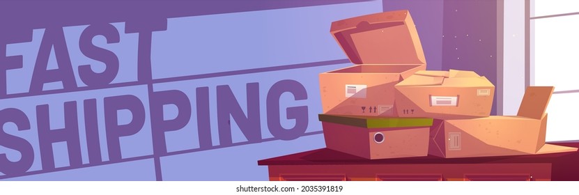 Fast shipping cartoon banner, pile of cardboard boxes lying on post office table. Parcel delivery service, freight and cargo warehouse logistic, courier shipment, distribution Vector illustration