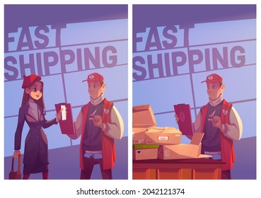 Fast shipping cartoon posters, young woman visit post office to receive package, show mobile phone to man employee on reception desk with parcels pile. Mail delivery service, vector illustration