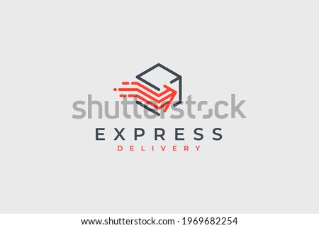 Fast Shipping Delivery Logo. Black Hexagonal Line Box Cube with Red Geometric Lines Pixel Dots Right Arrow Icon Combination isolated on White Background. Flat Vector Logo Design Template Element.