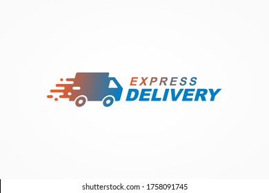 Fast Shipping Delivery Logo. Orange and Blue Gradient Truck Icon with Pixel Dots isolated on White Background. Usable for Business and Transportation Logos. Flat Vector Logo Design Template Element.