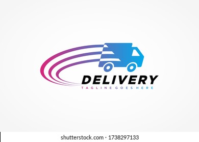 Fast Shipping Delivery Logo. Purple Blue Gradient Truck Icon with Comet Waves Combination isolated on White Background. Business and Transportation Resources. Flat Vector Logo Design Template Element.