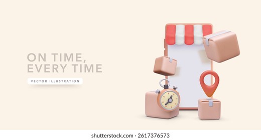 Fast Shipping And Delivery Tracking With Mobile App, Packages, Stopwatch, And Location Marker. Ideal For Ecommerce, Courier, Or Logistics Concepts. 3D Render. Vector Illustration.