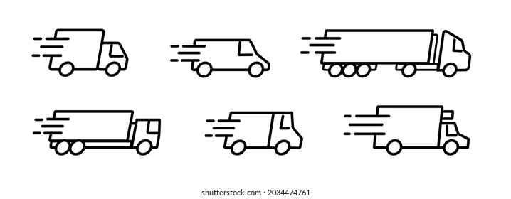 Fast shipping delivery truck and cargo logistic icon set. Van for express freight transportation service. Distribution company logotype design element vector illustration isolated on white background