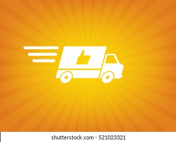 Fast shipping delivery truck flat icon with the like sign on yellow-orange bright background for apps and websites