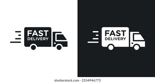 Fast shipping delivery truck icons in solid black and white colors