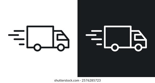 Fast shipping delivery truck icons in thin black and white stroke liner style