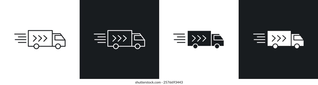 Fast shipping delivery truck icons collection in black and white solid and line style