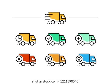 Fast shipping delivery truck. Line icons. Vector illustration for apps and websites