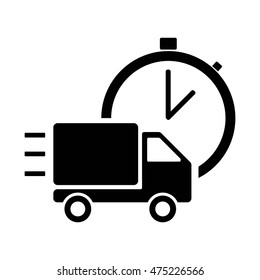 Fast shipping delivery truck. Lorry and timer. Fast delivery icon. Fast shipping icon. Delivery icon. Shipping icon. Truck icon. Timer icon. Flat vector stock illustration.