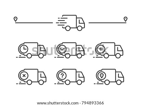 Fast shipping delivery truck. Set of Line icons. Vector illustration for apps and websites